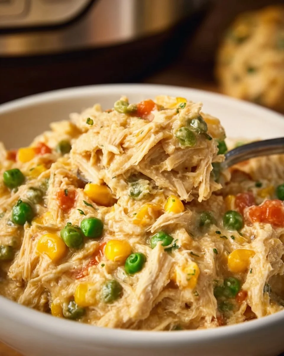 Crockpot Chicken and Stuffing Casserole served in a bowl with herbs and spices