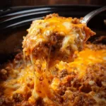 Delicious Crockpot Taco Casserole in a ceramic bowl topped with fresh cilantro
