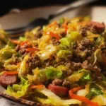 Plate of Dirty Cabbage with Smoked Turkey Sausages garnished with herbs.