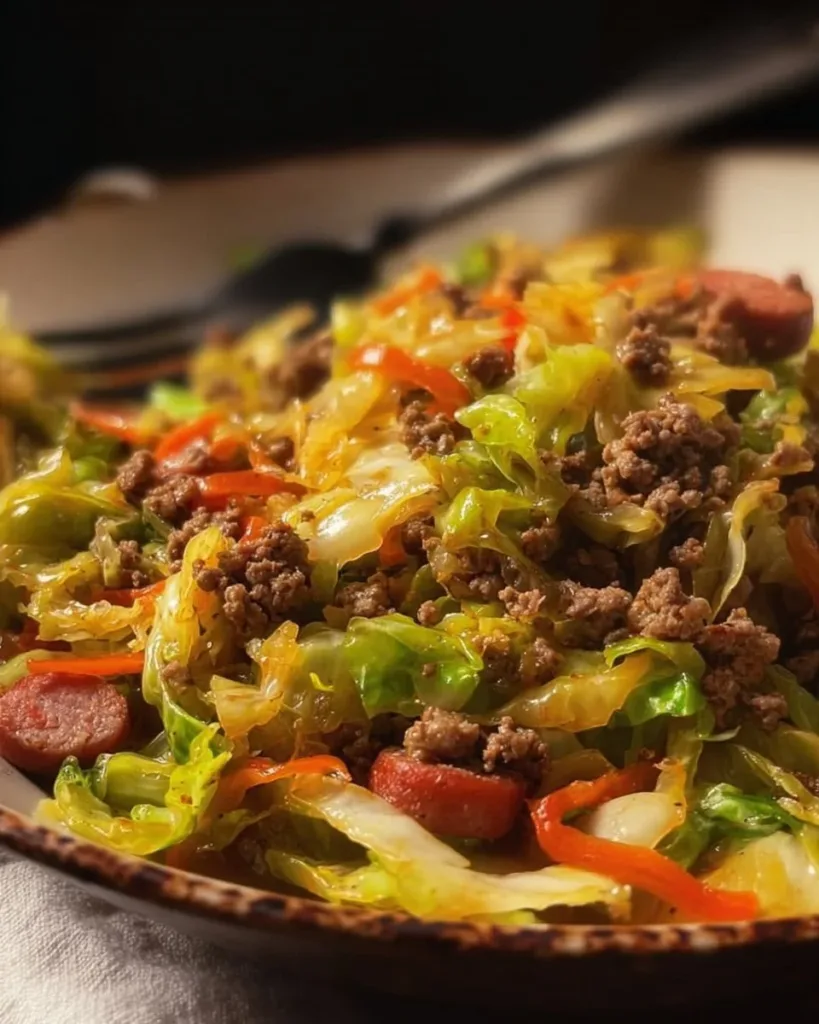 Plate of Dirty Cabbage with Smoked Turkey Sausages garnished with herbs.