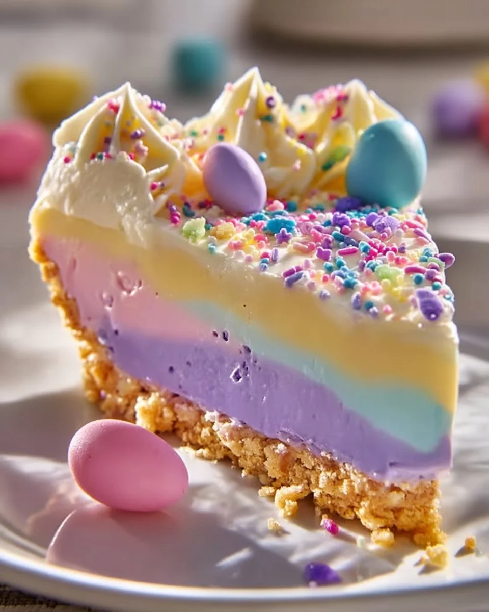 Colorful Easter Jell-O Pie slice with whipped cream and decorative sprinkles