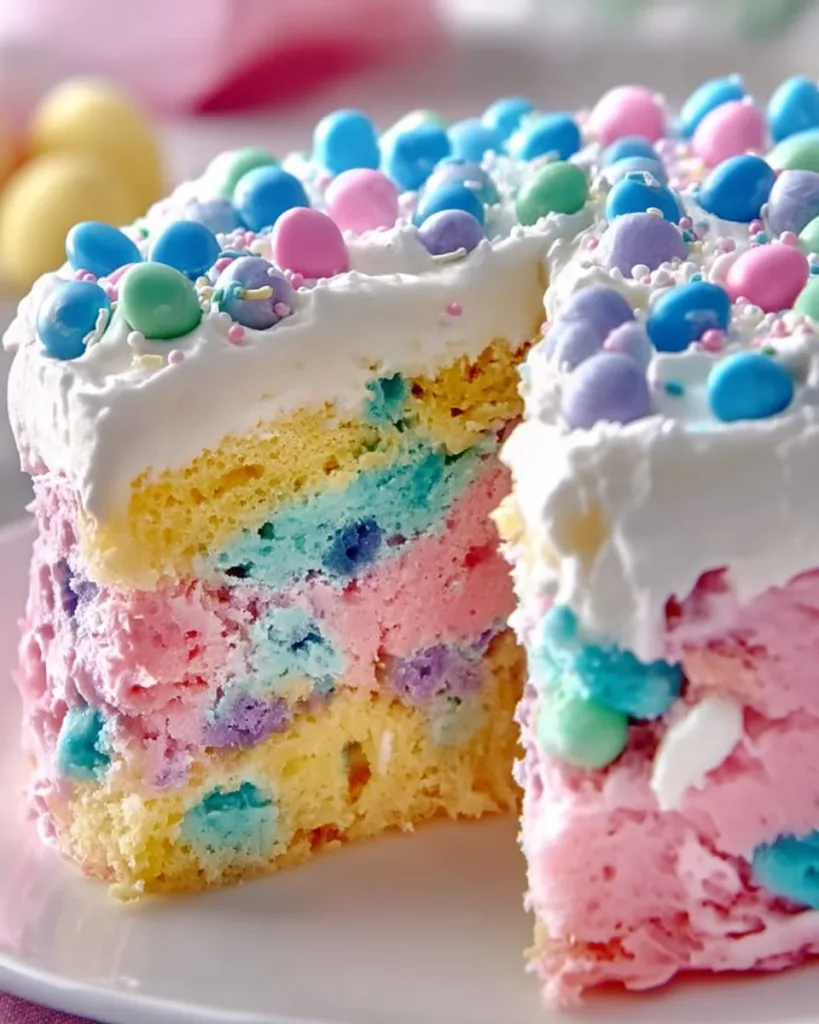 Colorful Easter Poke Cake topped with whipped cream and pastel decorations
