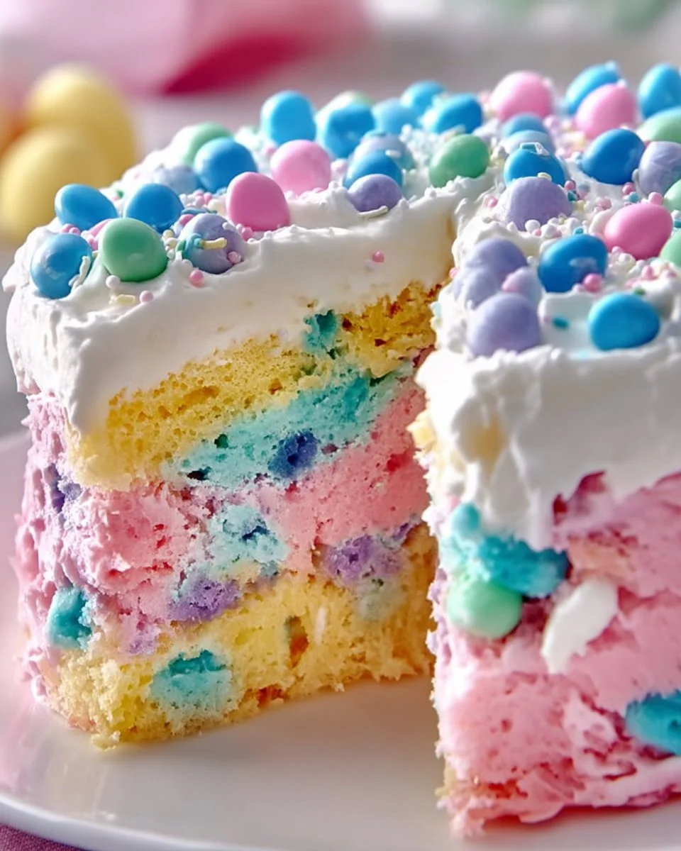 Colorful Easter Poke Cake topped with whipped cream and pastel decorations
