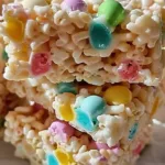 Colorful Easter Rice Krispie Bars decorated with candies and sprinkles