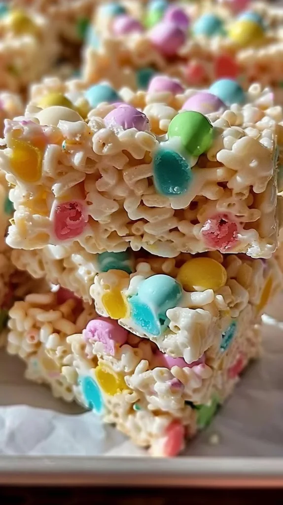 Colorful Easter Rice Krispie Bars decorated with candies and sprinkles
