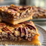 Easy pecan pie bars topped with pecans and caramel syrup on a wooden table.