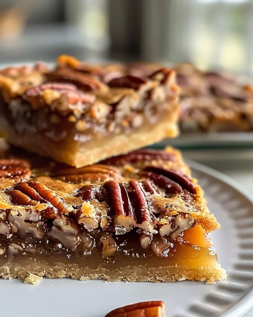 Easy pecan pie bars topped with pecans and caramel syrup on a wooden table.
