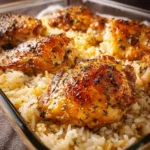 Savory forgotten chicken and rice dish ready to serve.