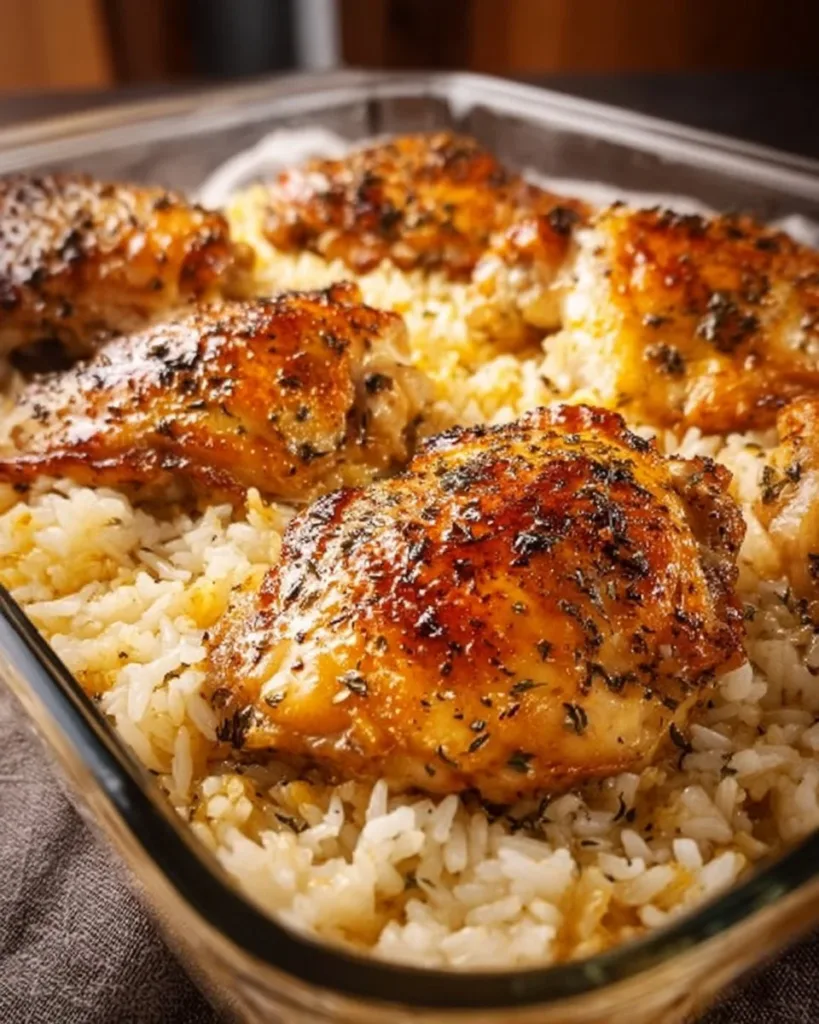 Savory forgotten chicken and rice dish ready to serve.