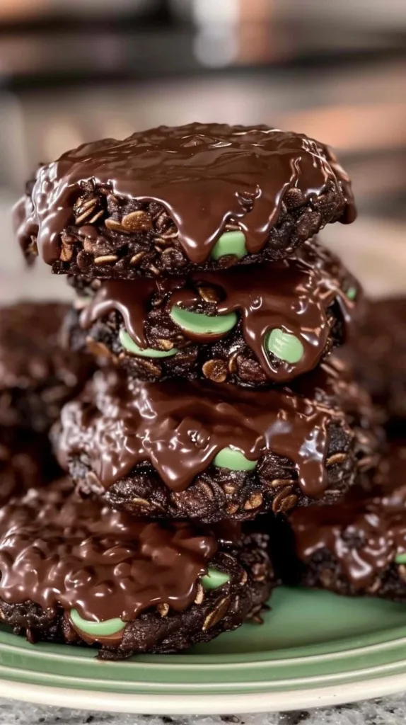 Fudgy mint chocolate no-bake cookies on a plate, ready to enjoy
