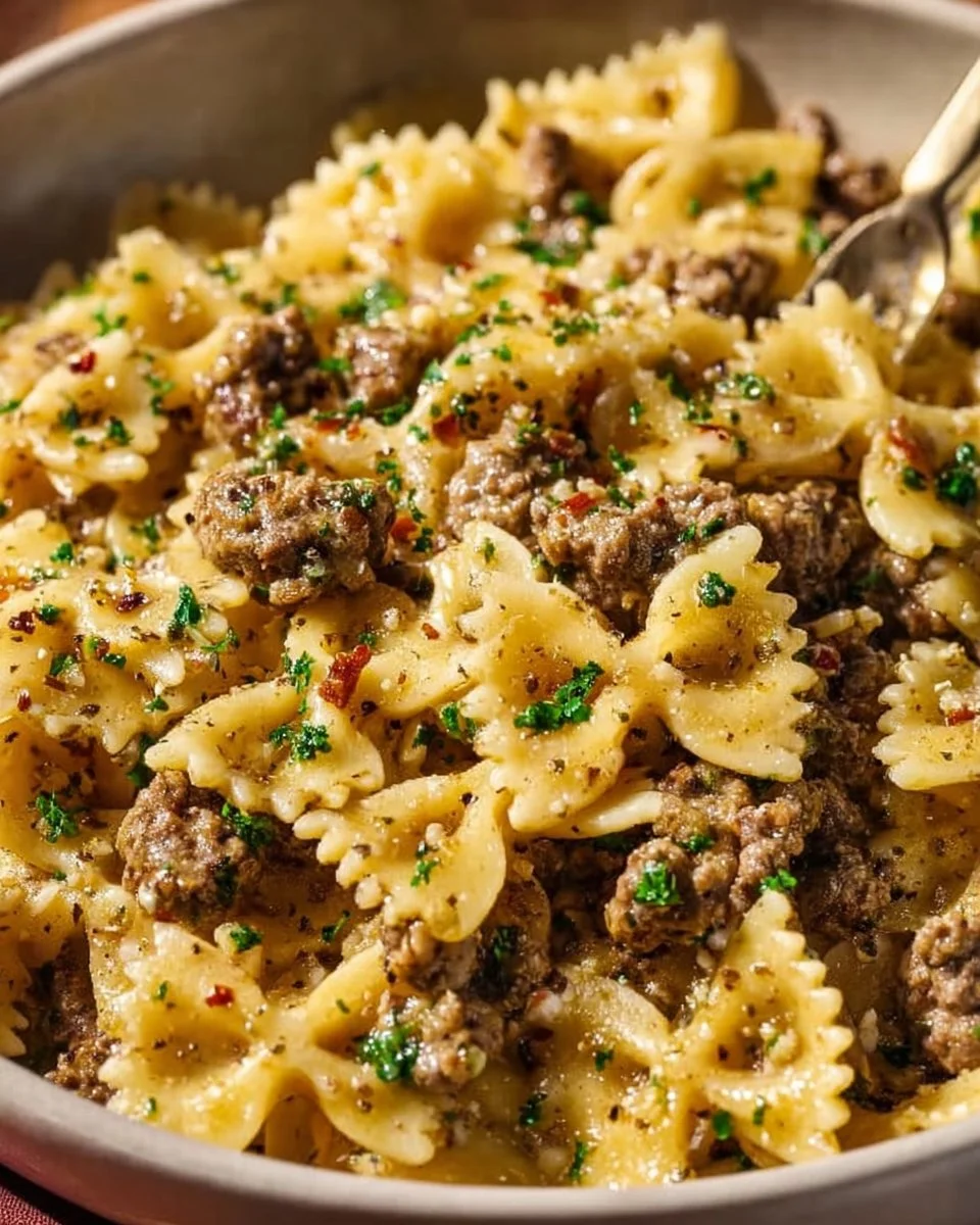 Garlic Butter Bowtie Pasta with Ground Beef