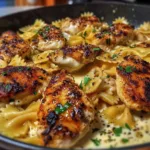 Garlic Butter Chicken Bowties in Cheesy Mozzarella Cream Sauce dish