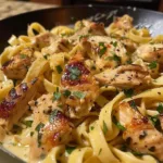 Delicious garlic butter chicken pasta garnished with herbs and parmesan