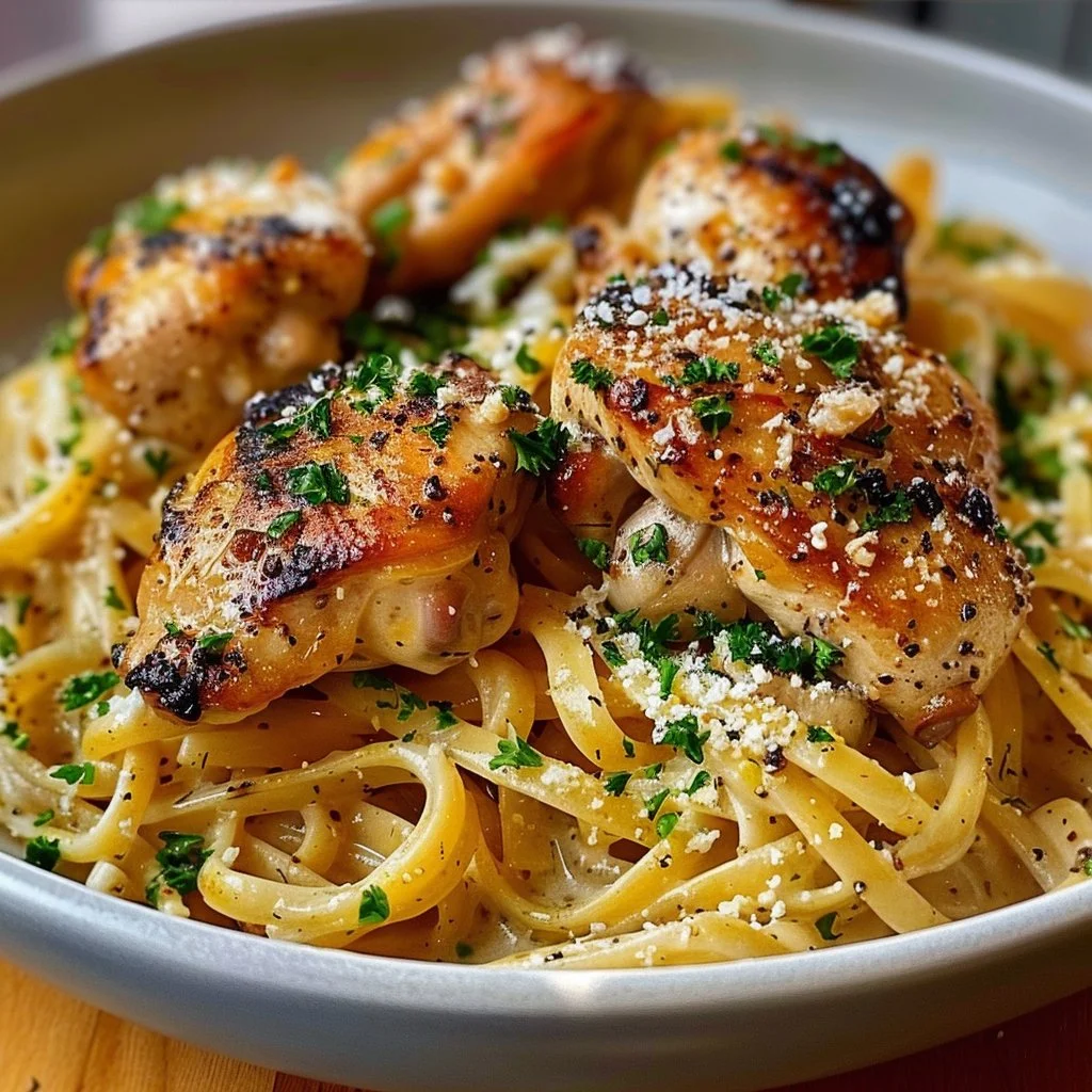 Creamy Garlic Butter Chicken Pasta served in a bowl with herbs