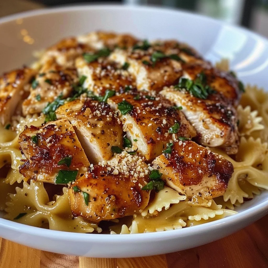 Delicious Garlic Butter Chicken served with Bowtie Pasta in a creamy sauce