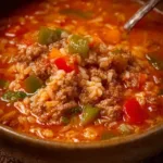 Bowl of hearty stuffed pepper soup with colorful vegetables and herbs