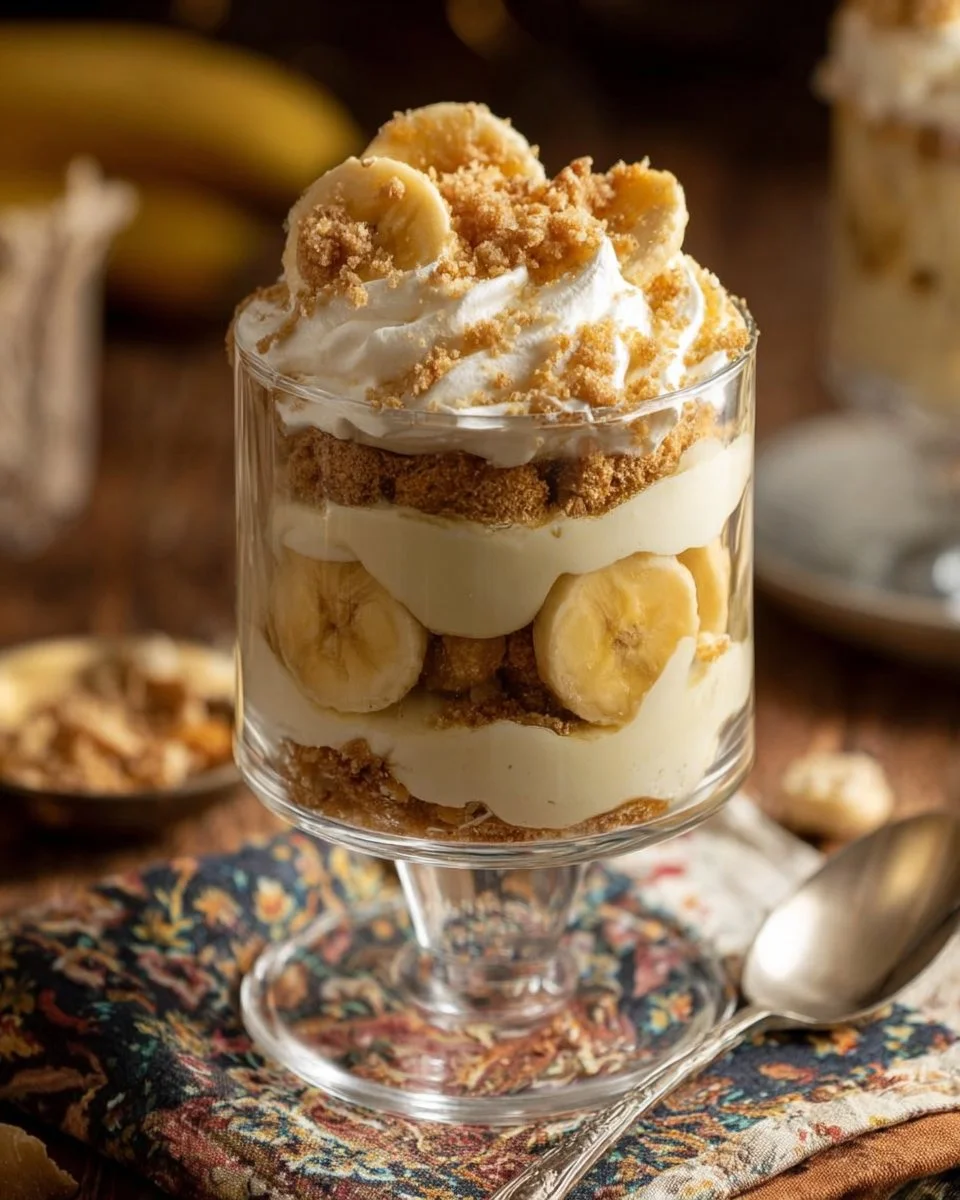 No bake banana cream pie cups topped with whipped cream and banana slices