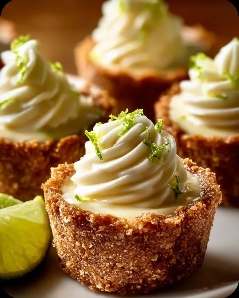 Delicious no-bake mini key lime pies topped with whipped cream and lime zest.