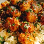 Delicious Honey Garlic Chicken bites served with creamy Parmesan rice
