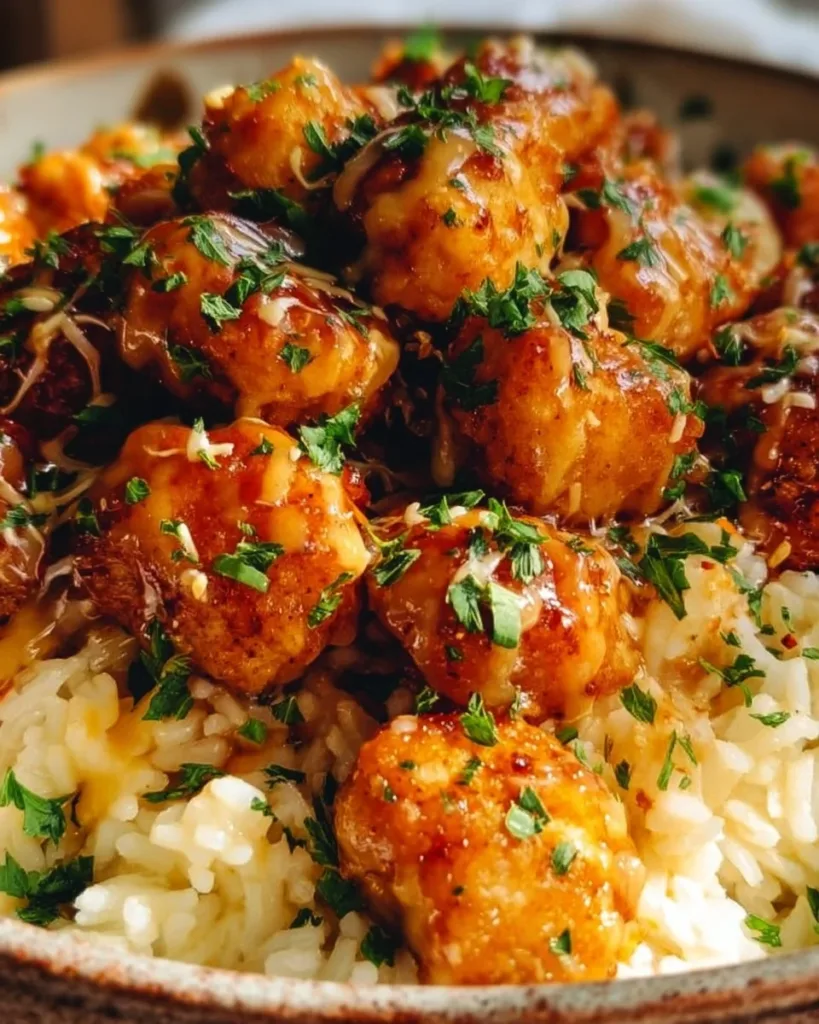 Delicious Honey Garlic Chicken bites served with creamy Parmesan rice