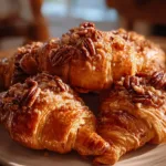 Freshly baked Honey Pecan Croissants with honey drizzle and pecans on top