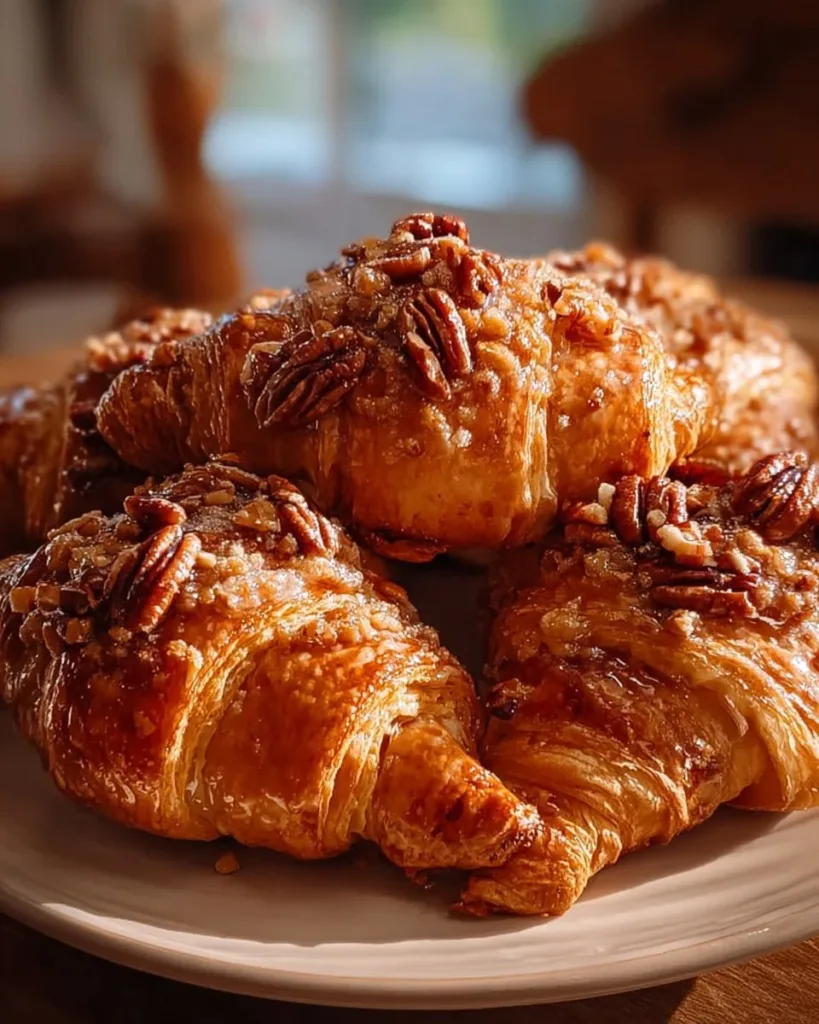Freshly baked Honey Pecan Croissants with honey drizzle and pecans on top