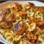Indulgent mozzarella garlic butter chicken bowties in cheesy cream sauce