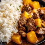 Delicious Jamaican Curry Beef with Potatoes served in a bowl