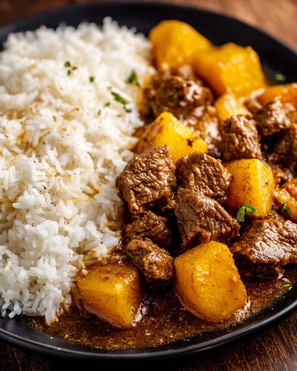 Delicious Jamaican Curry Beef with Potatoes served in a bowl