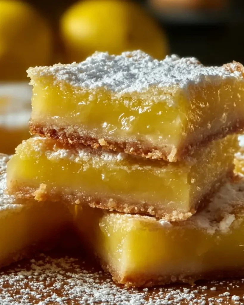Delicious homemade lemon bars with a dusting of powdered sugar on a white plate