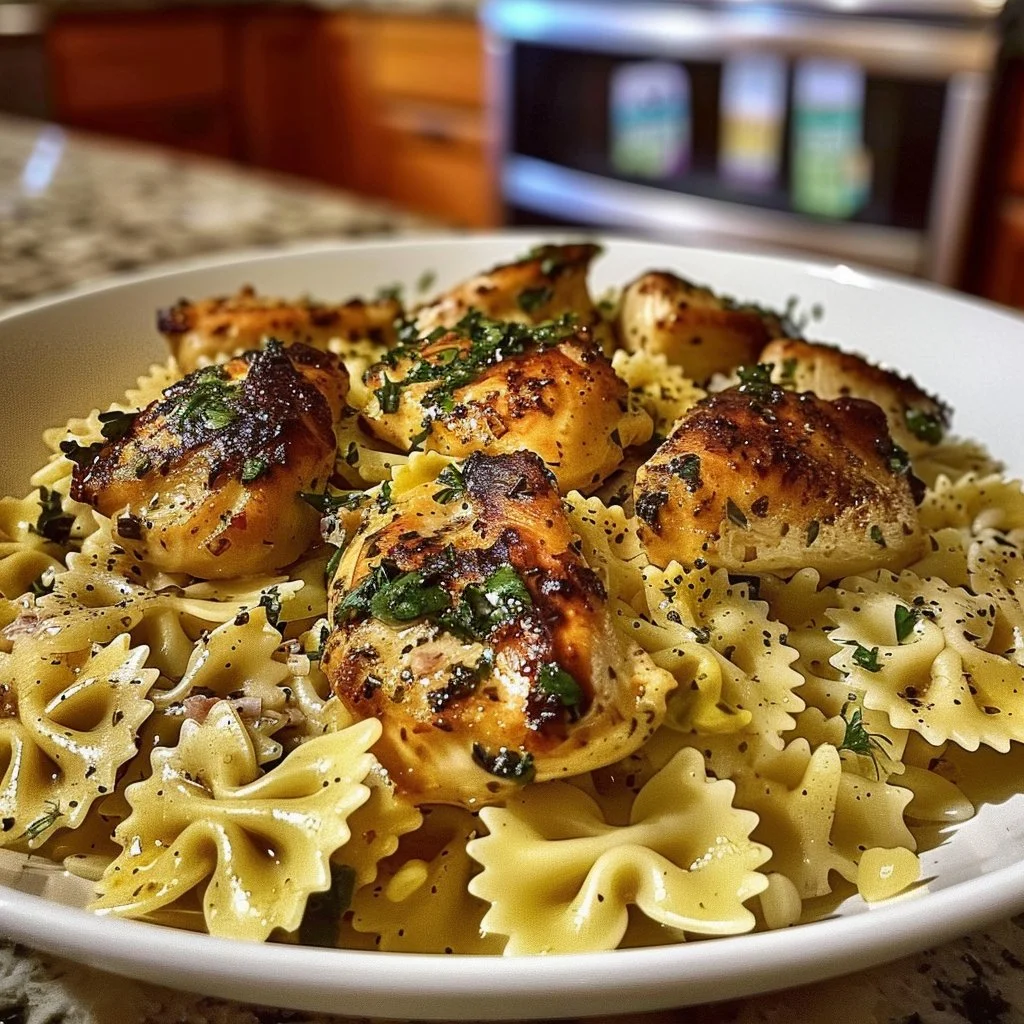 Lemon Garlic Chicken with creamy bowtie pasta on a plate