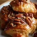 Maple Pecan Sticky Croissant Bake with drizzled maple syrup and pecans