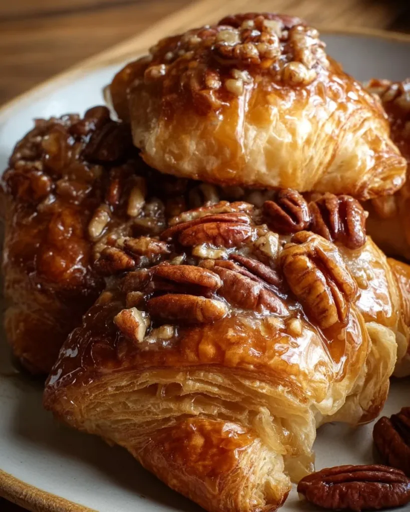 Maple Pecan Sticky Croissant Bake with drizzled maple syrup and pecans