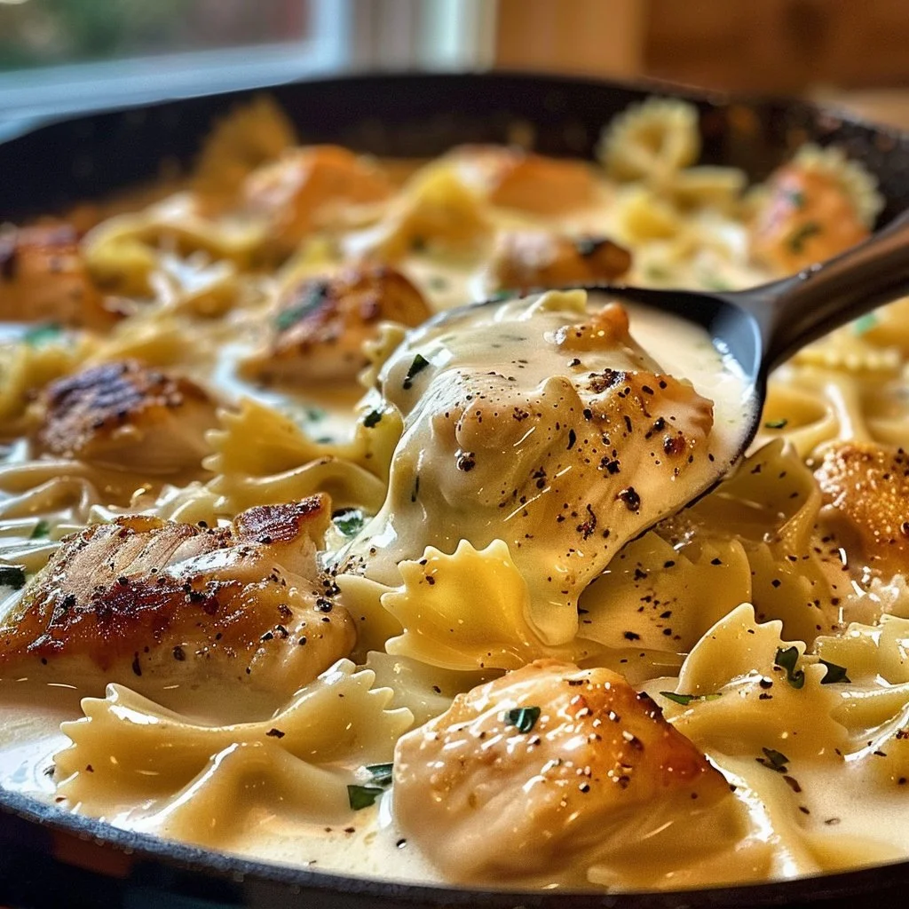 Mozzarella Garlic Butter Chicken Bowties in a creamy garlic sauce