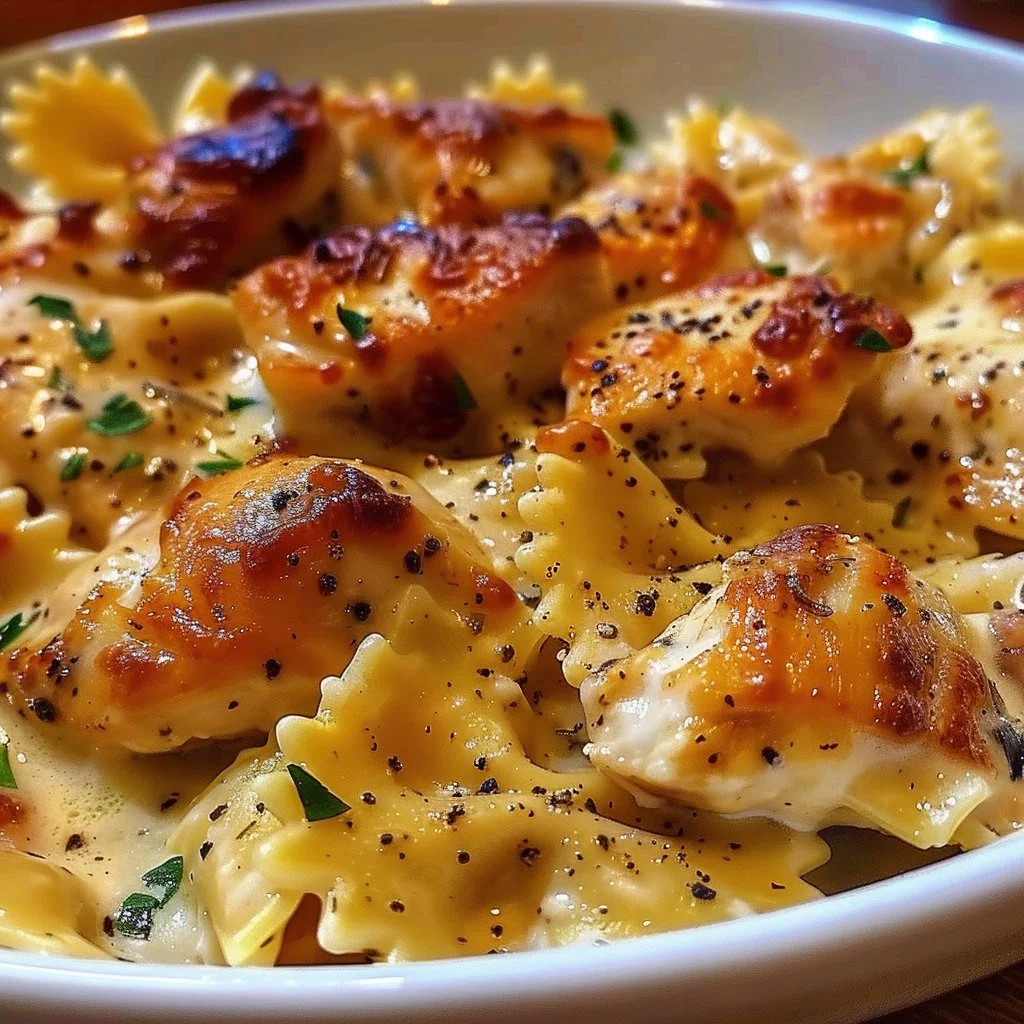 Delicious mozzarella garlic butter chicken bowties in creamy sauce