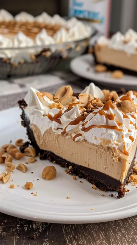 No bake peanut butter pie topped with whipped cream and chocolate