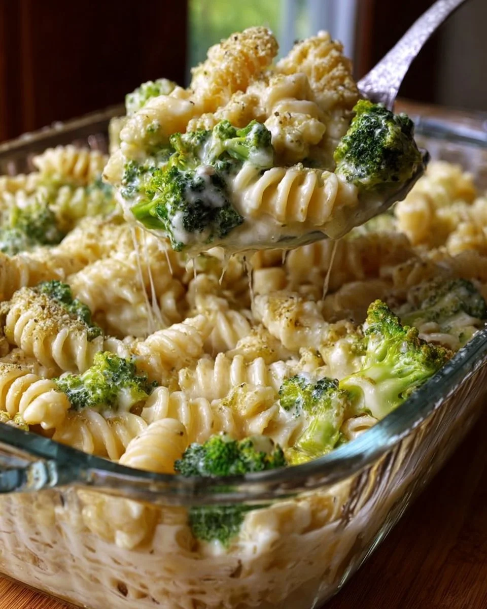 No-boil broccoli pasta bake with cheese and vegetables