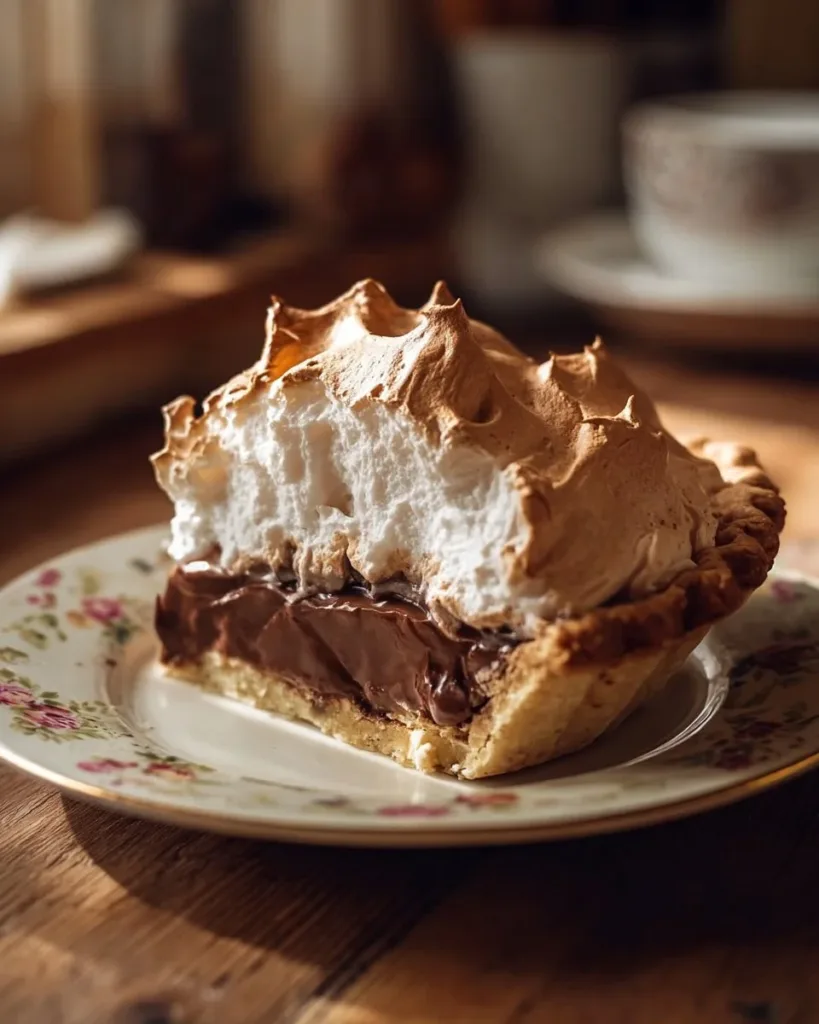 Delicious Old Fashioned Chocolate Meringue Pie topped with fluffy meringue