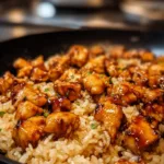 One-pan honey BBQ chicken served with rice in a vibrant dish.
