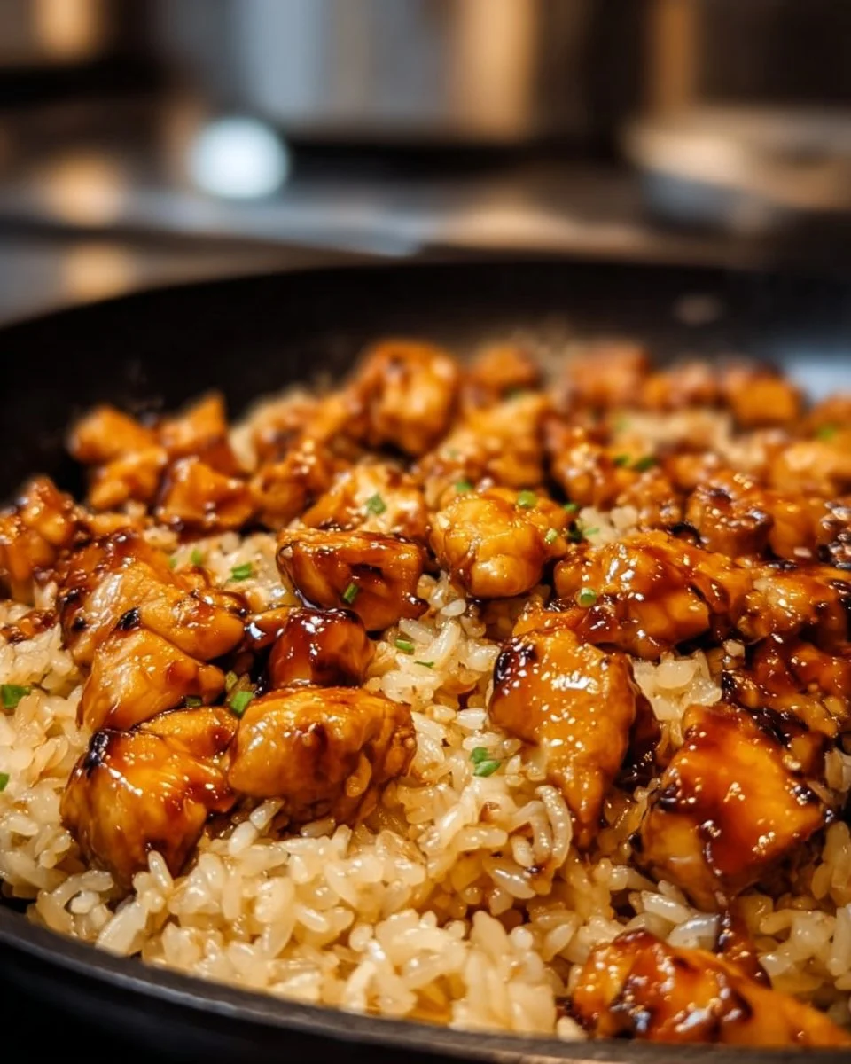 One-pan honey BBQ chicken served with rice in a vibrant dish.