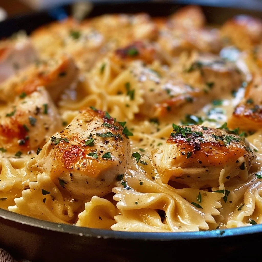 One Pan Creamy Garlic Chicken served with Cheesy Bowtie Pasta