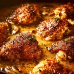 Baked onion soup chicken served with herbs and bread on a rustic table