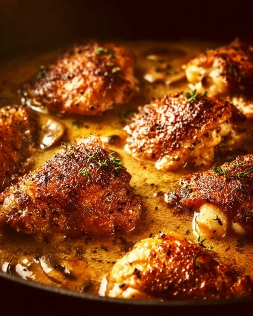 Baked onion soup chicken served with herbs and bread on a rustic table