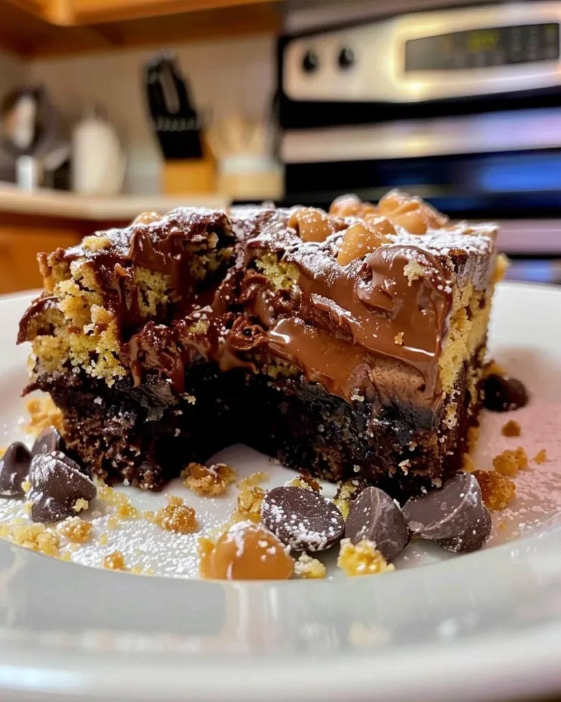 Delicious peanut butter cup dump cake topped with chocolate and peanut butter treats.