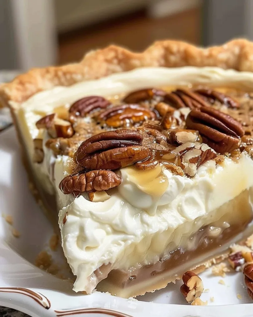 Delicious slice of Pecan Cream Pie topped with pecans and whipped cream
