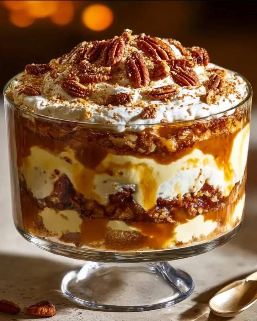 Delicious Pecan Pie Cheesecake Trifle with layers of creamy cheesecake and pecans