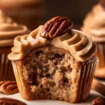 Pecan pie cupcakes topped with brown sugar frosting displayed on a wooden table