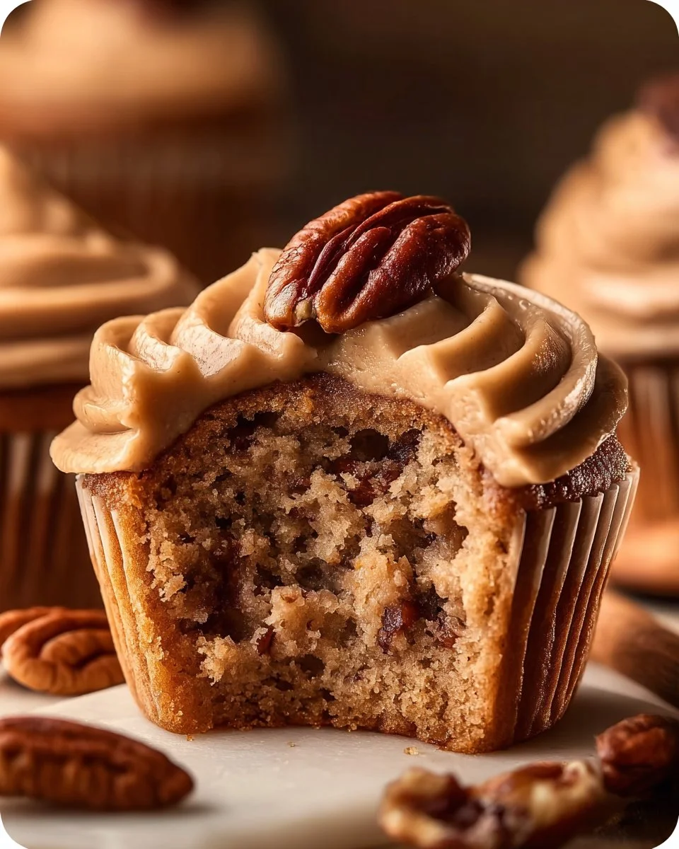 Pecan pie cupcakes topped with brown sugar frosting displayed on a wooden table