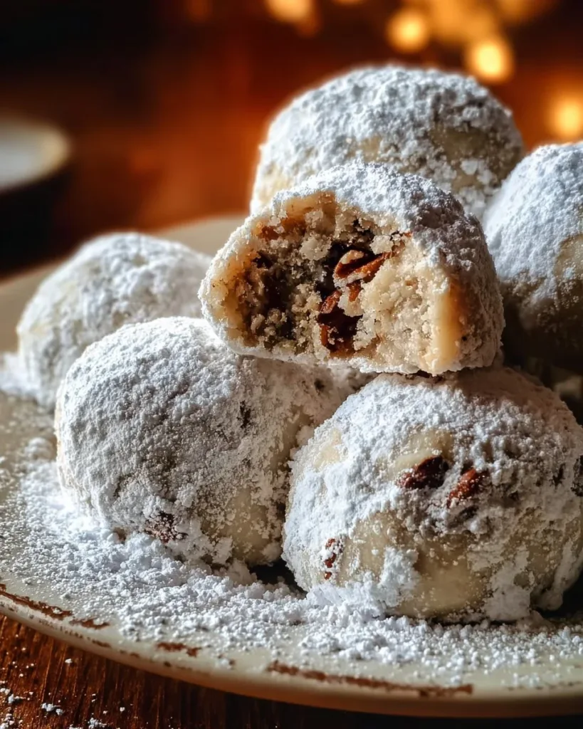 Delicious Pecan Snowball Cookies dusted with powdered sugar on a festive plate.