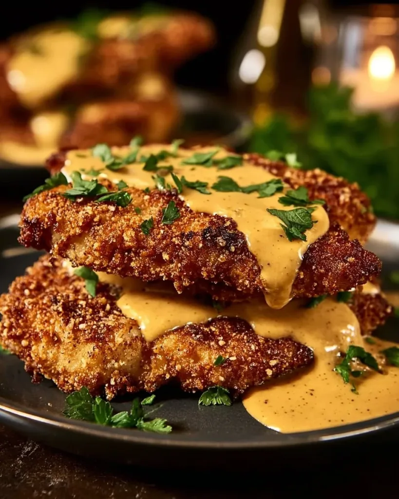 Pretzel-crusted chicken plated with creamy mustard cheddar sauce